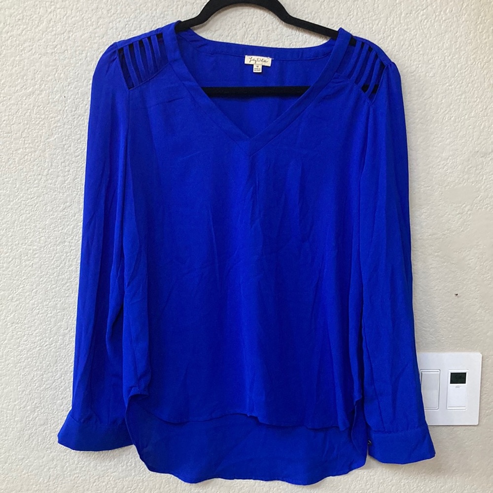 Long sleeve royal blue blouse.